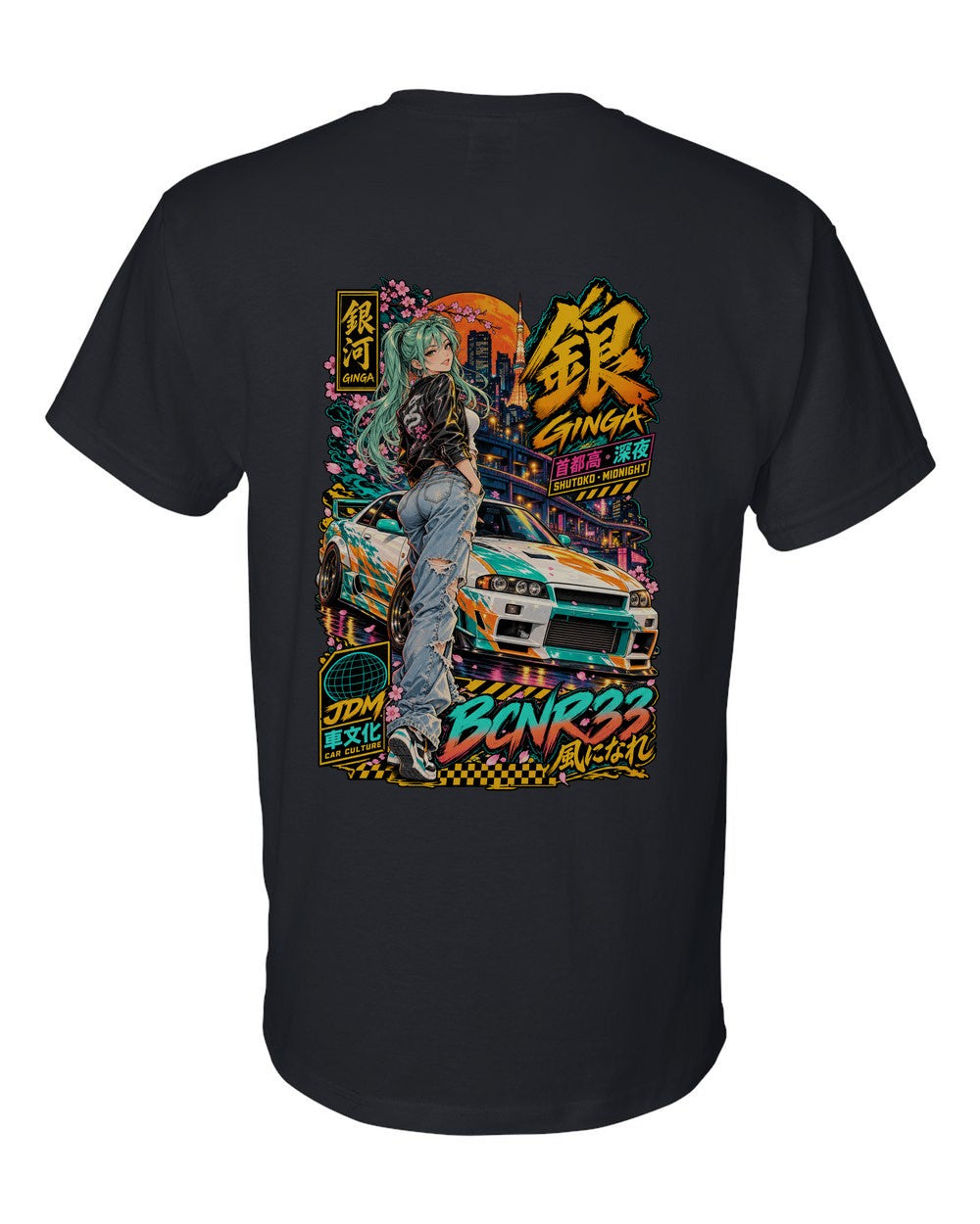 GINGA BCNR33 full-back artwork black t-shirt back view with the design