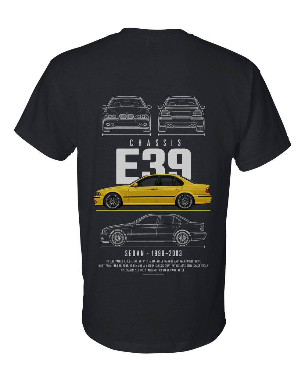 E39 full-back artwork black t-shirt back view with the design