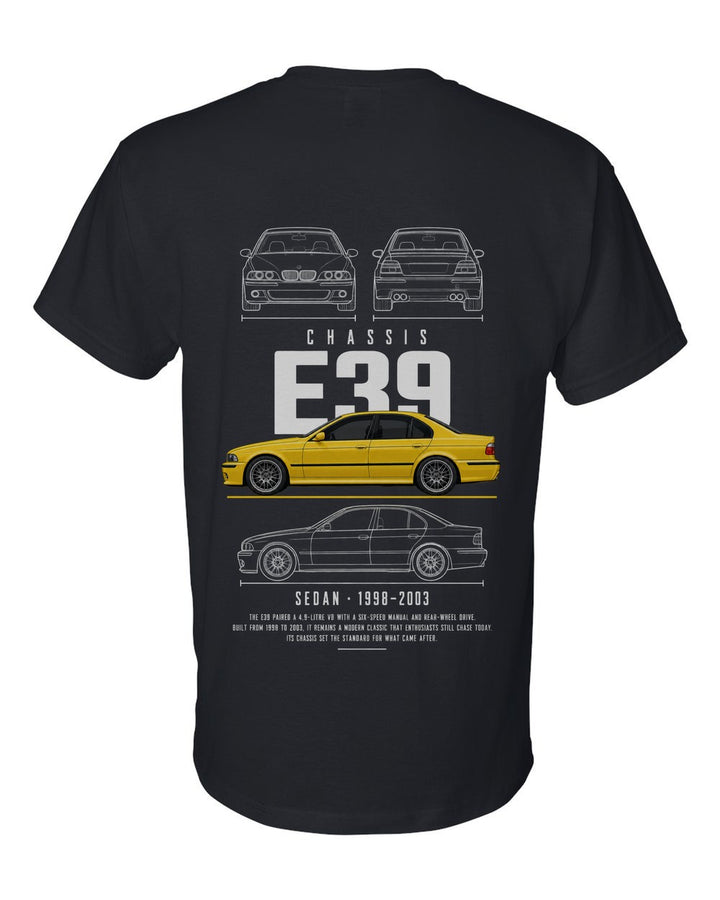 E39 full-back artwork black t-shirt back view with the design