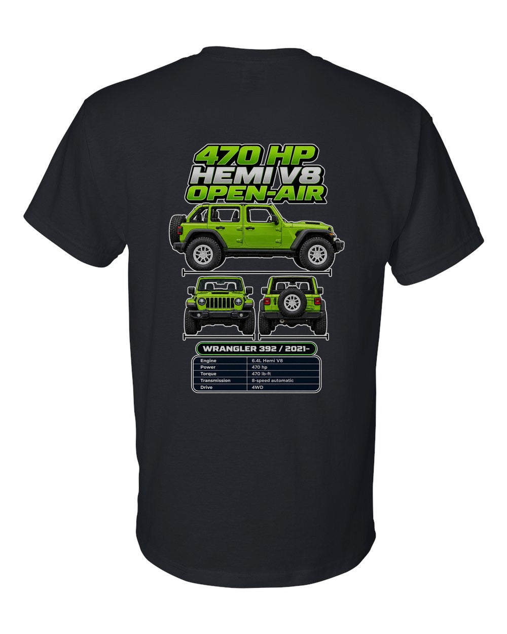 Jeep Wrangler 392 spec sheet black t-shirt back view with the design