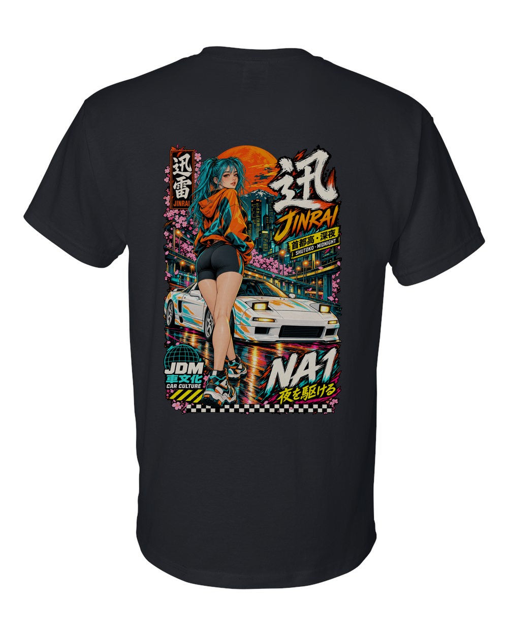 JINRAI NA1 full-back artwork black t-shirt back view with the design