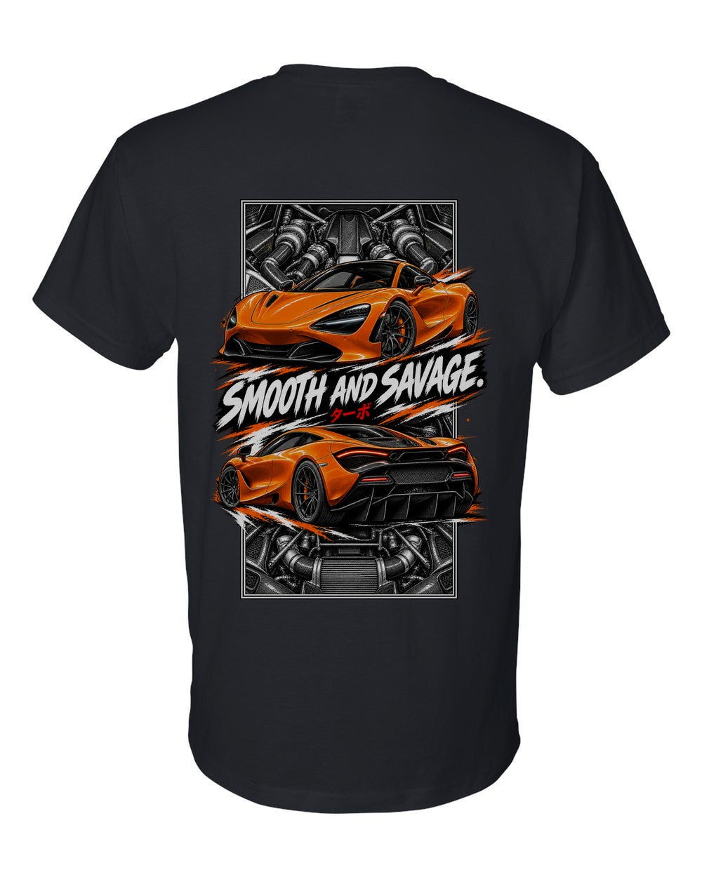 Mclaren 720S torn poster black t-shirt back view with the design