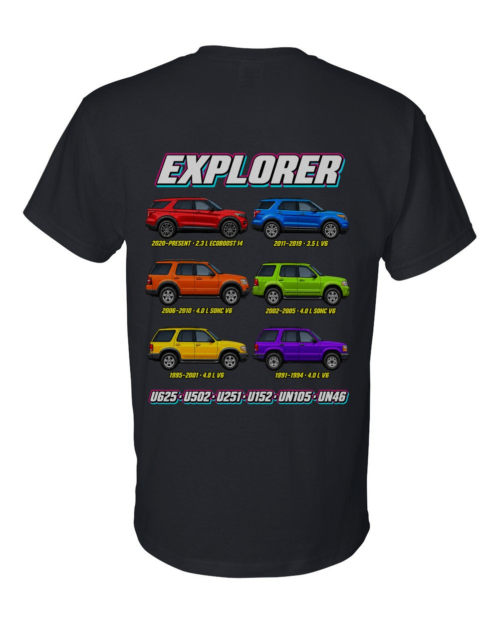 Ford Explorer evolution poster black t-shirt back view with the design