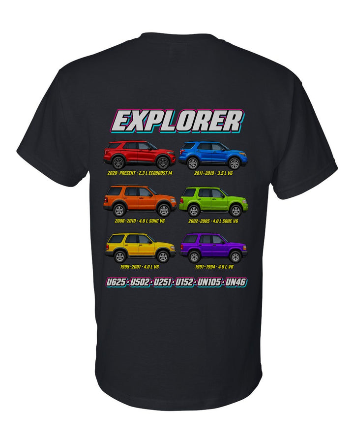 Ford Explorer evolution poster black t-shirt back view with the design