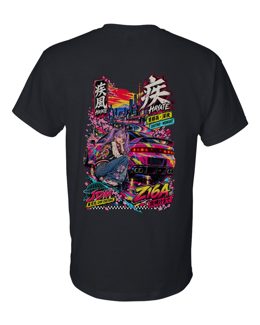 HAYATE Z16A full-back artwork black t-shirt back view with the design
