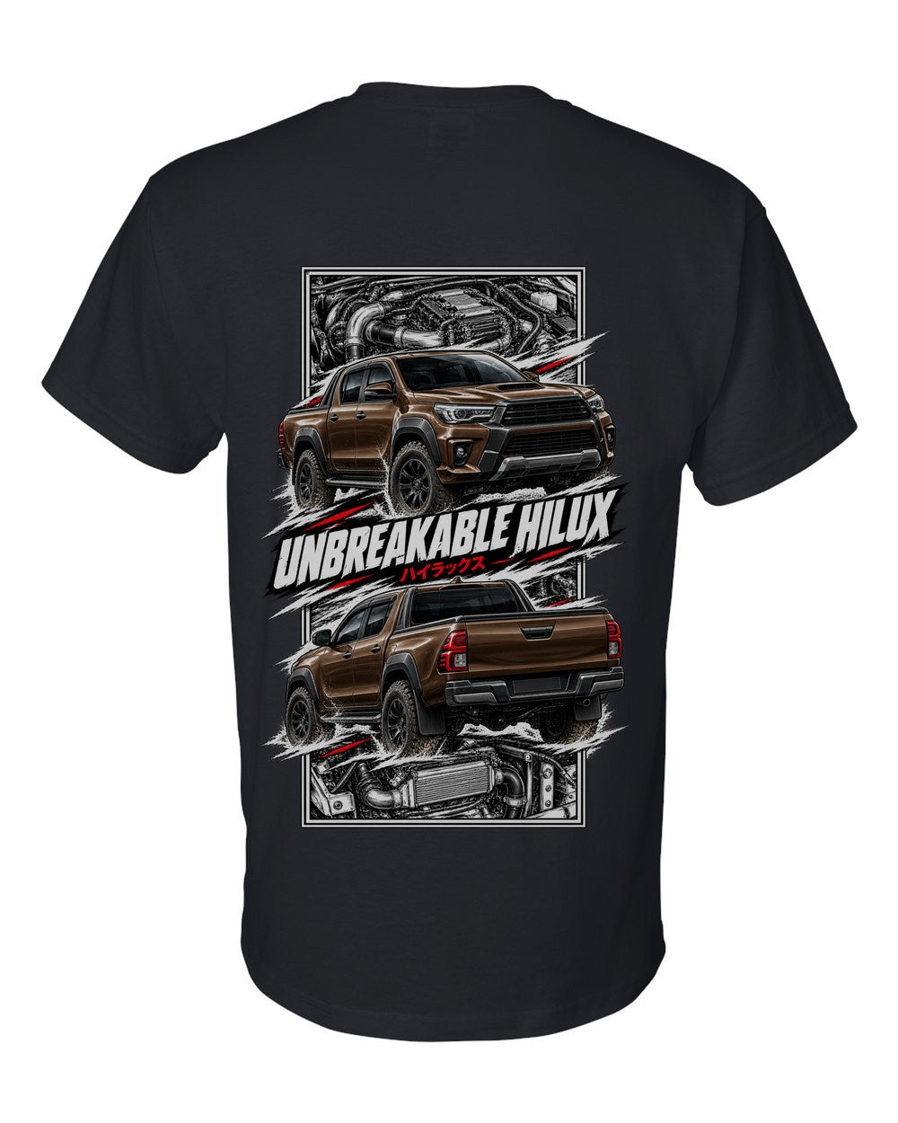 Toyota Hilux torn poster black t-shirt back view with the design