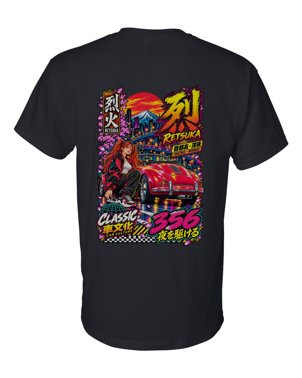 RETSUKA 356 full-back artwork black t-shirt back view with the design