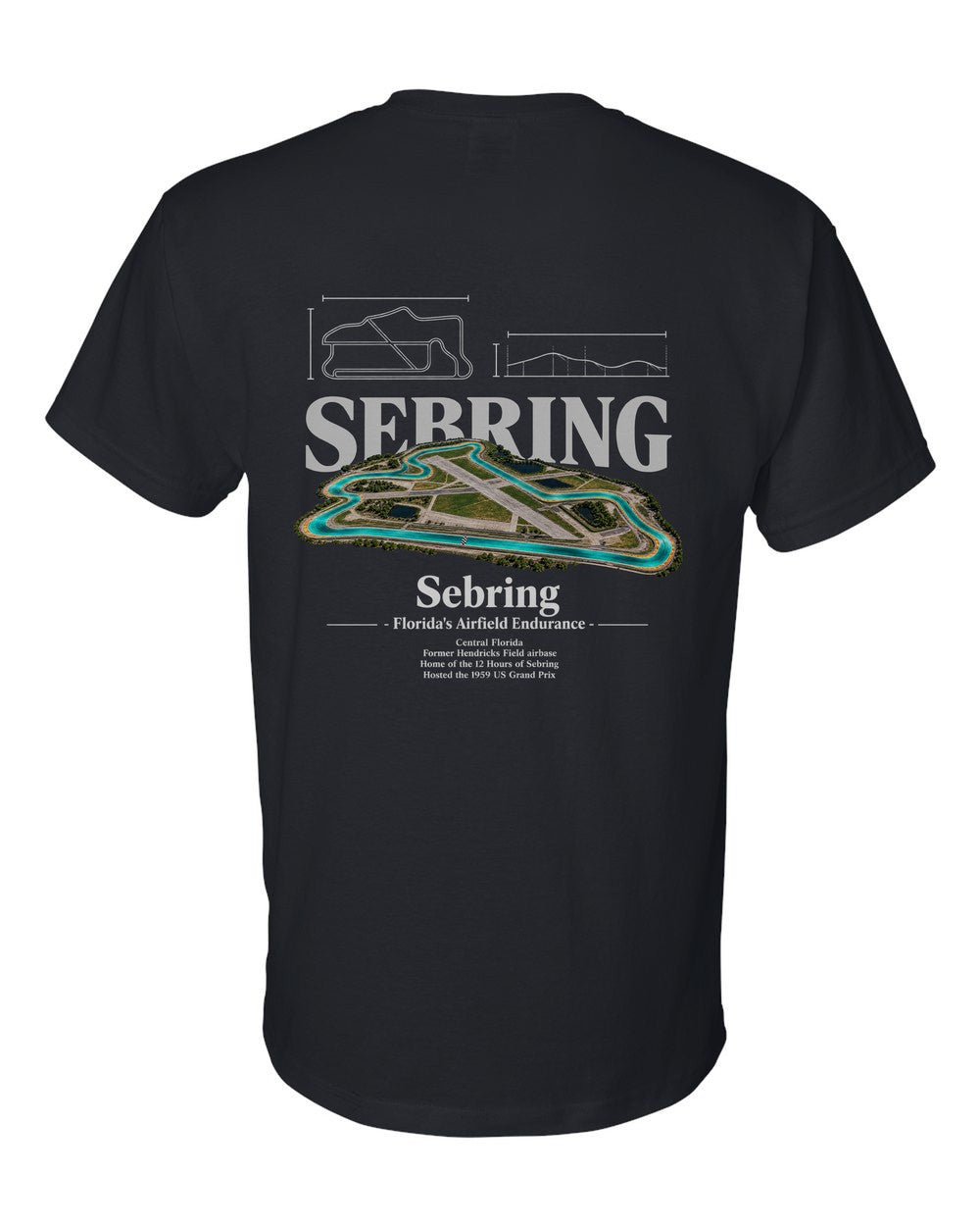 Sebring black t-shirt back view with the design