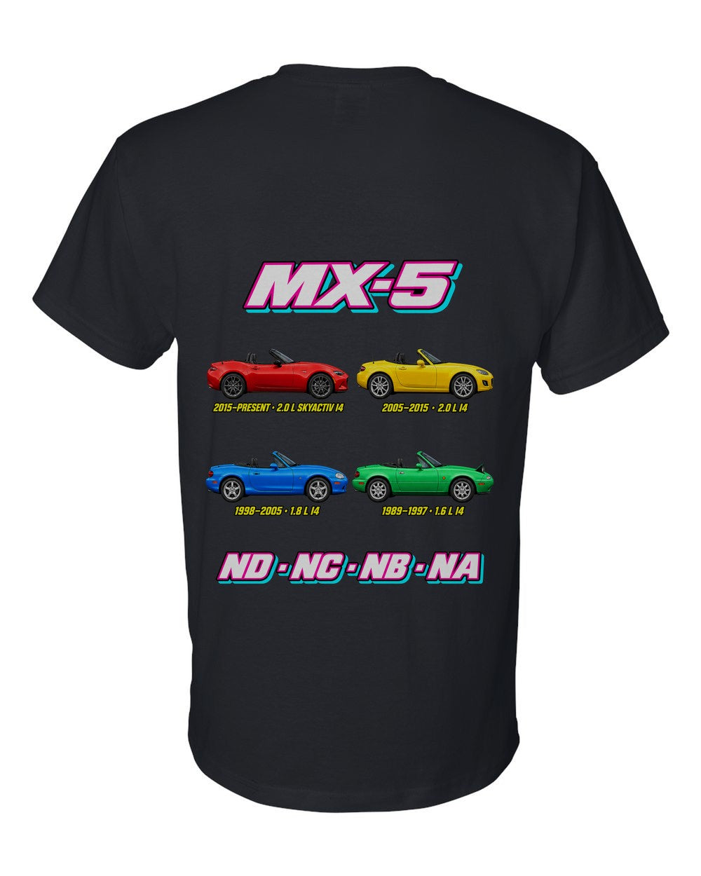 Mazda MX-5 evolution poster black t-shirt back view with the design
