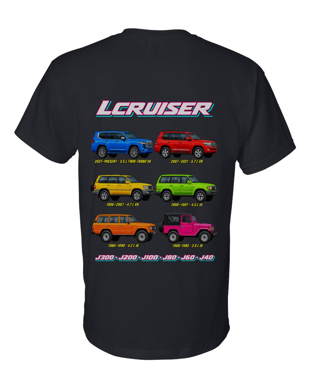 Toyota Land Cruiser evolution poster black t-shirt back view with the design