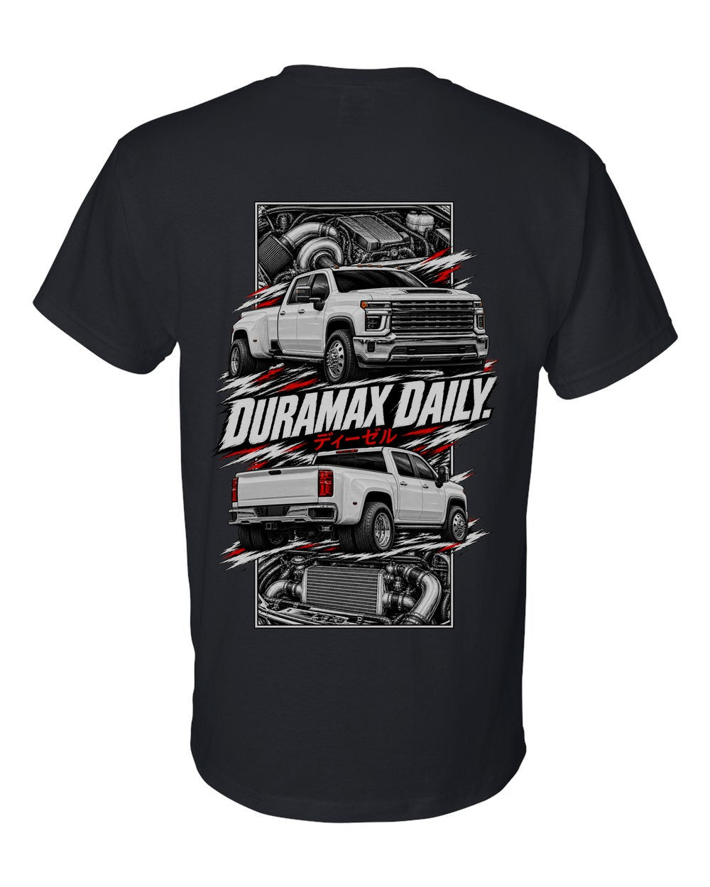 Chevy Silverado Hd torn poster black t-shirt back view with the design