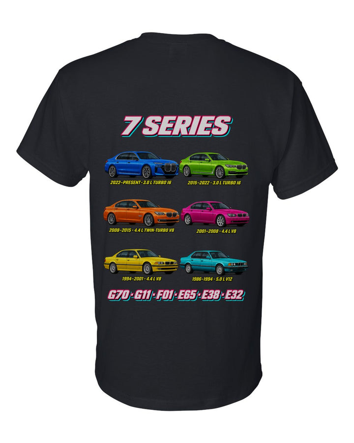 BMW 7 Series evolution poster black t-shirt back view with the design