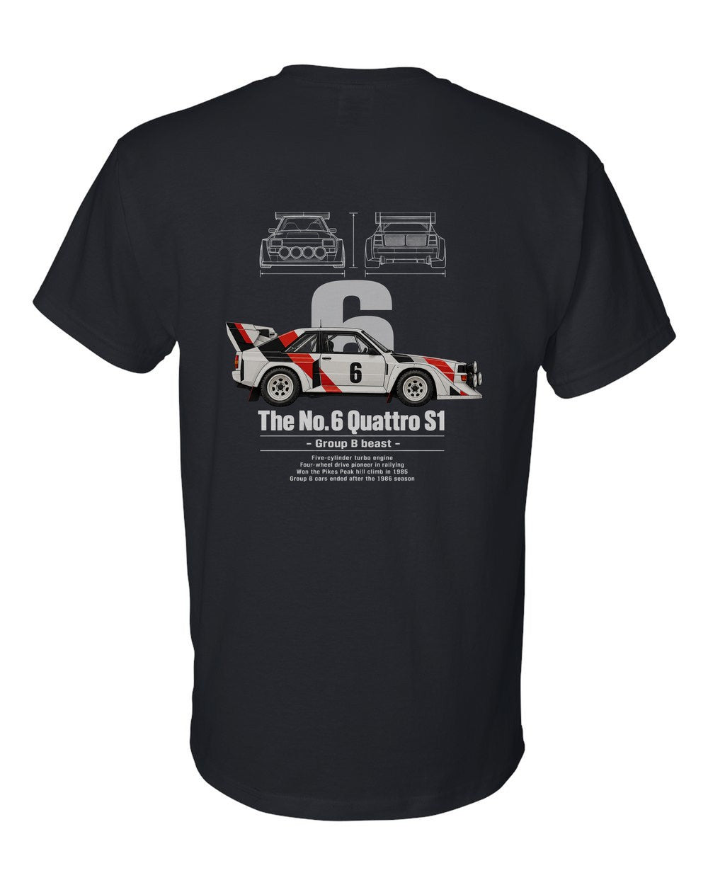 No. 6 Quattro S1 black t-shirt back view with the design