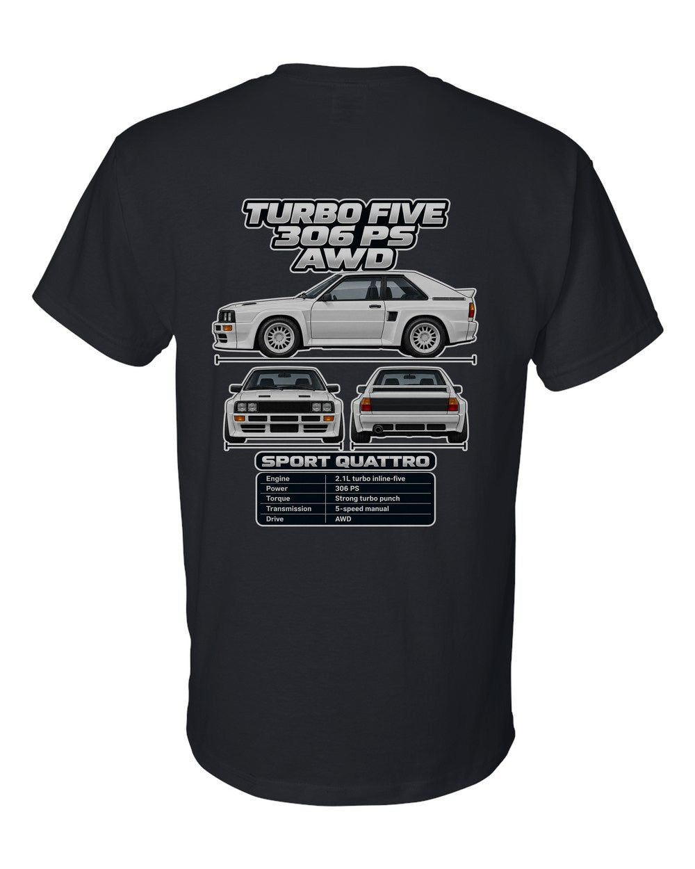 Audi Sport Quattro spec sheet black t-shirt back view with the design