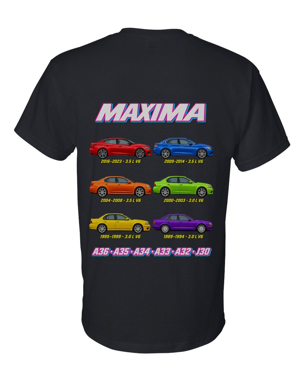 Nissan Maxima evolution poster black t-shirt back view with the design