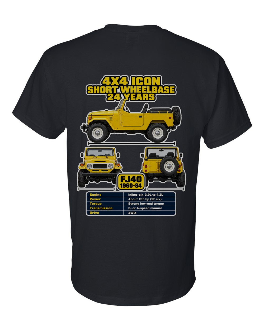 Toyota Fj40 spec sheet black t-shirt back view with the design