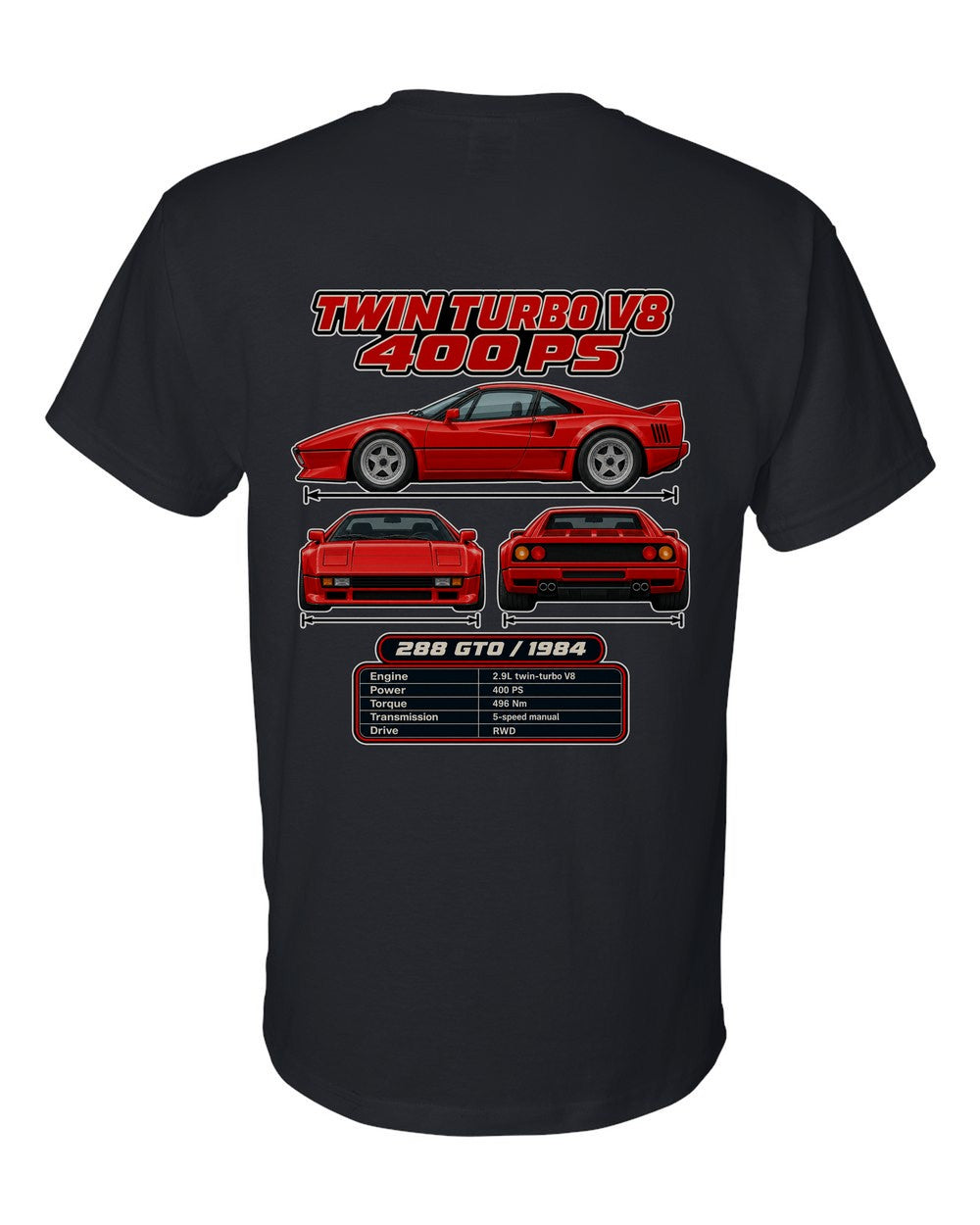 Ferrari 288 Gto spec sheet black t-shirt back view with the design