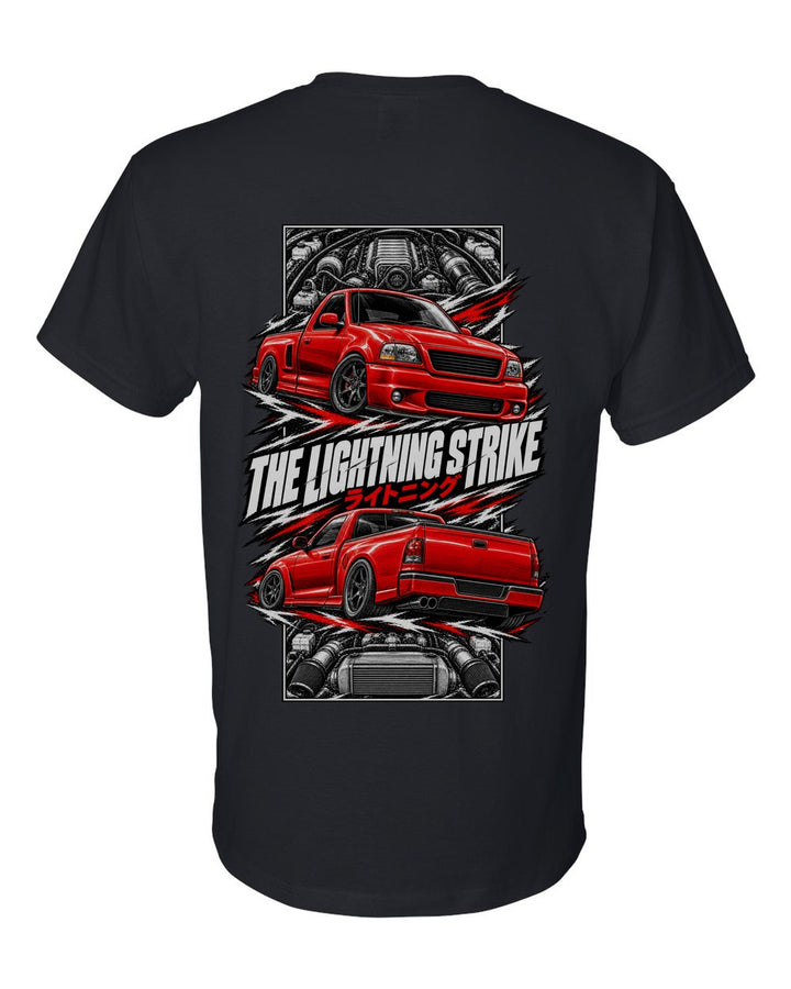 Ford F-150 SVT Lightning torn poster black t-shirt back view with the design