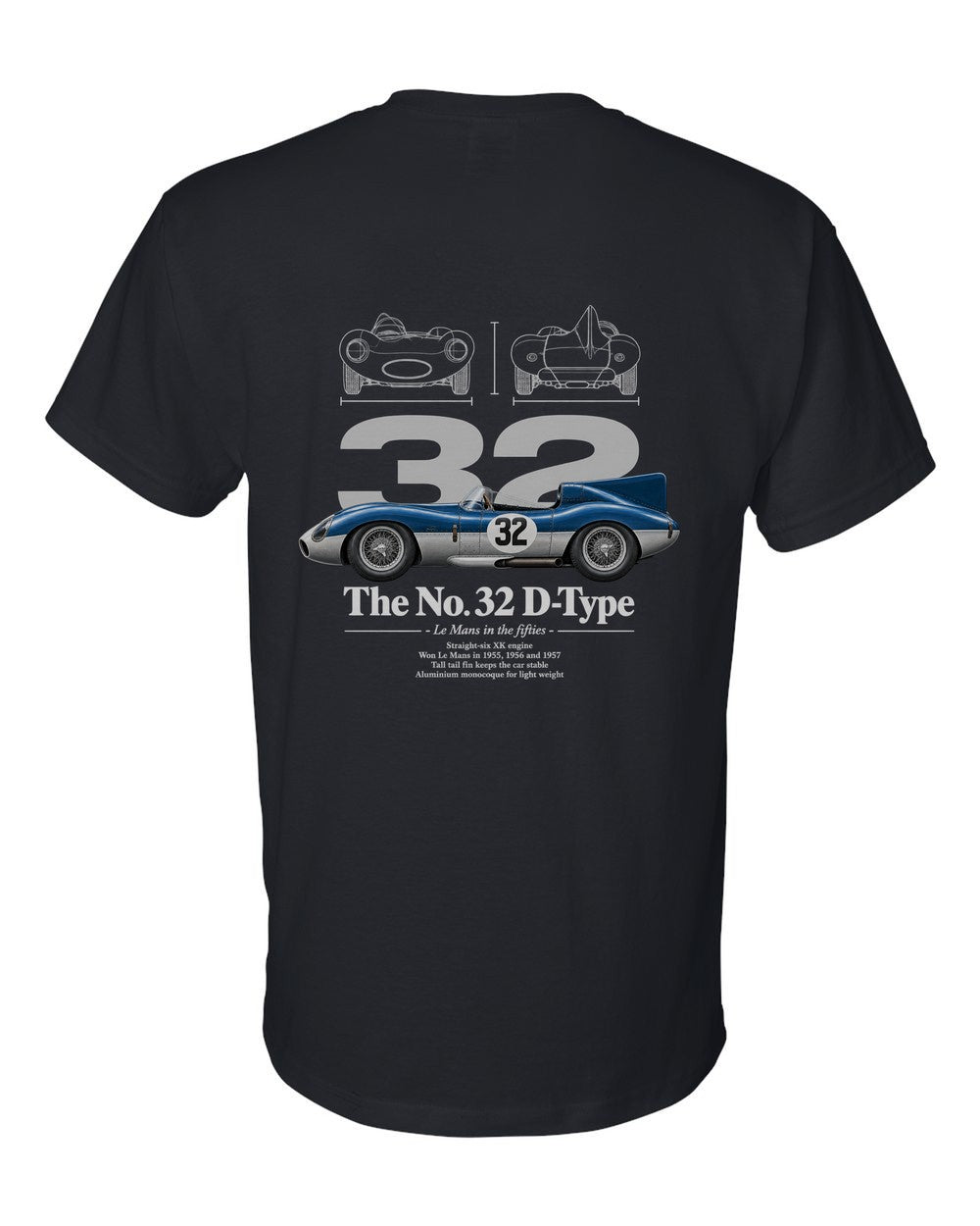 No. 32 D-Type black t-shirt back view with the design