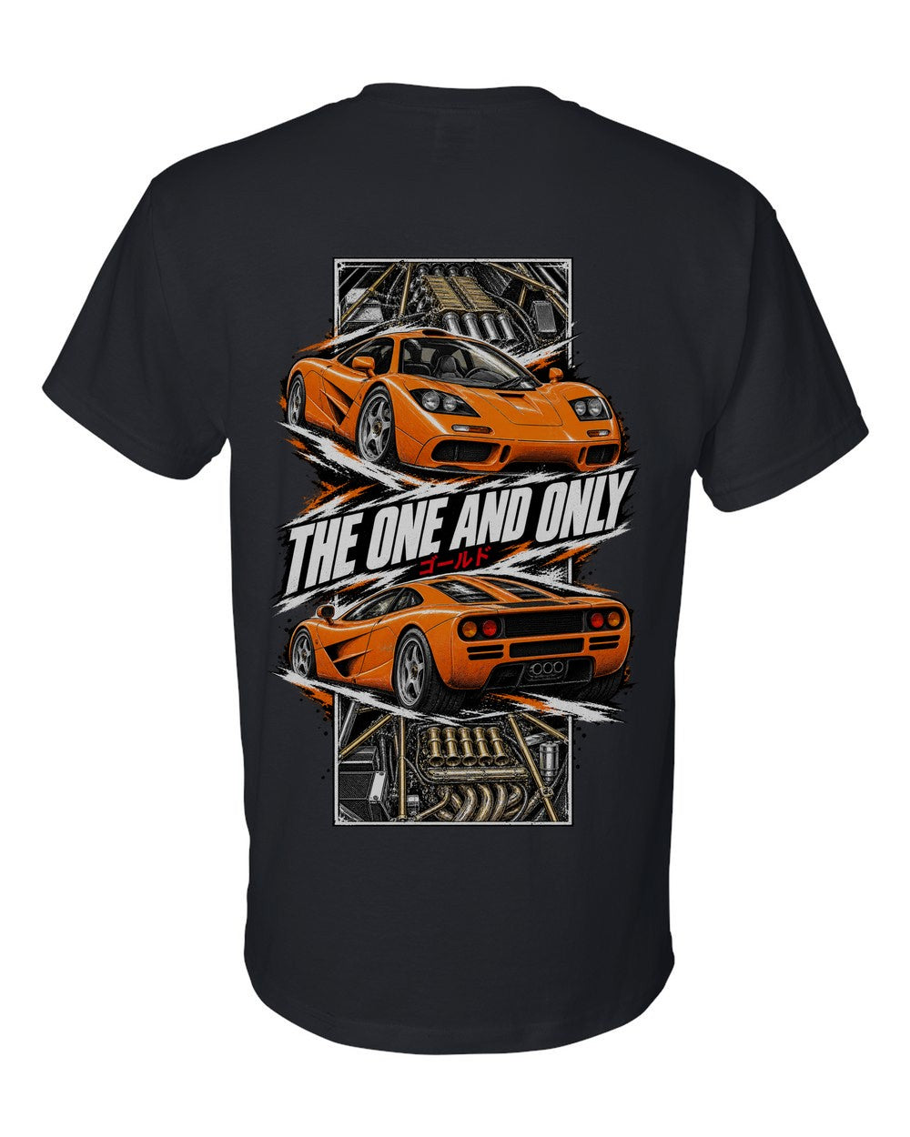 Mclaren F1 torn poster black t-shirt back view with the design