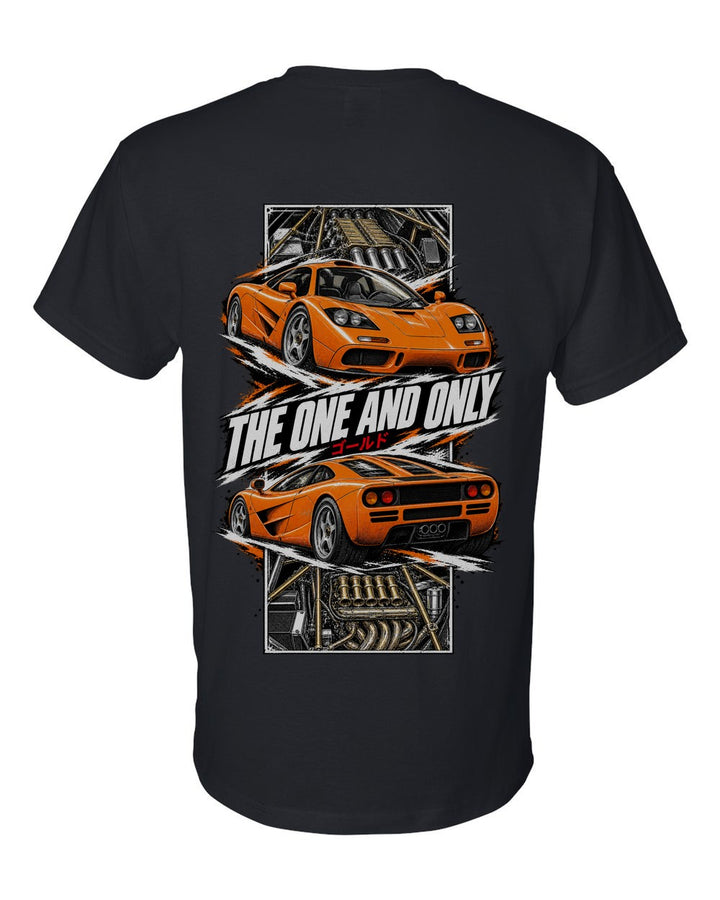 Mclaren F1 torn poster black t-shirt back view with the design