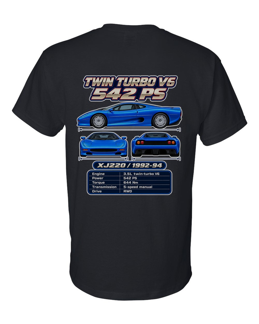 Jaguar Xj220 spec sheet black t-shirt back view with the design