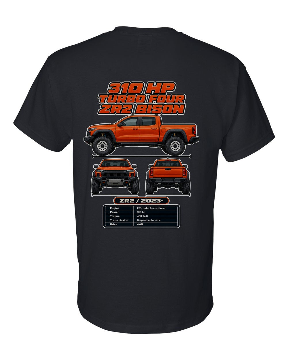 Chevrolet Colorado Zr2 Bison spec sheet black t-shirt back view with the design
