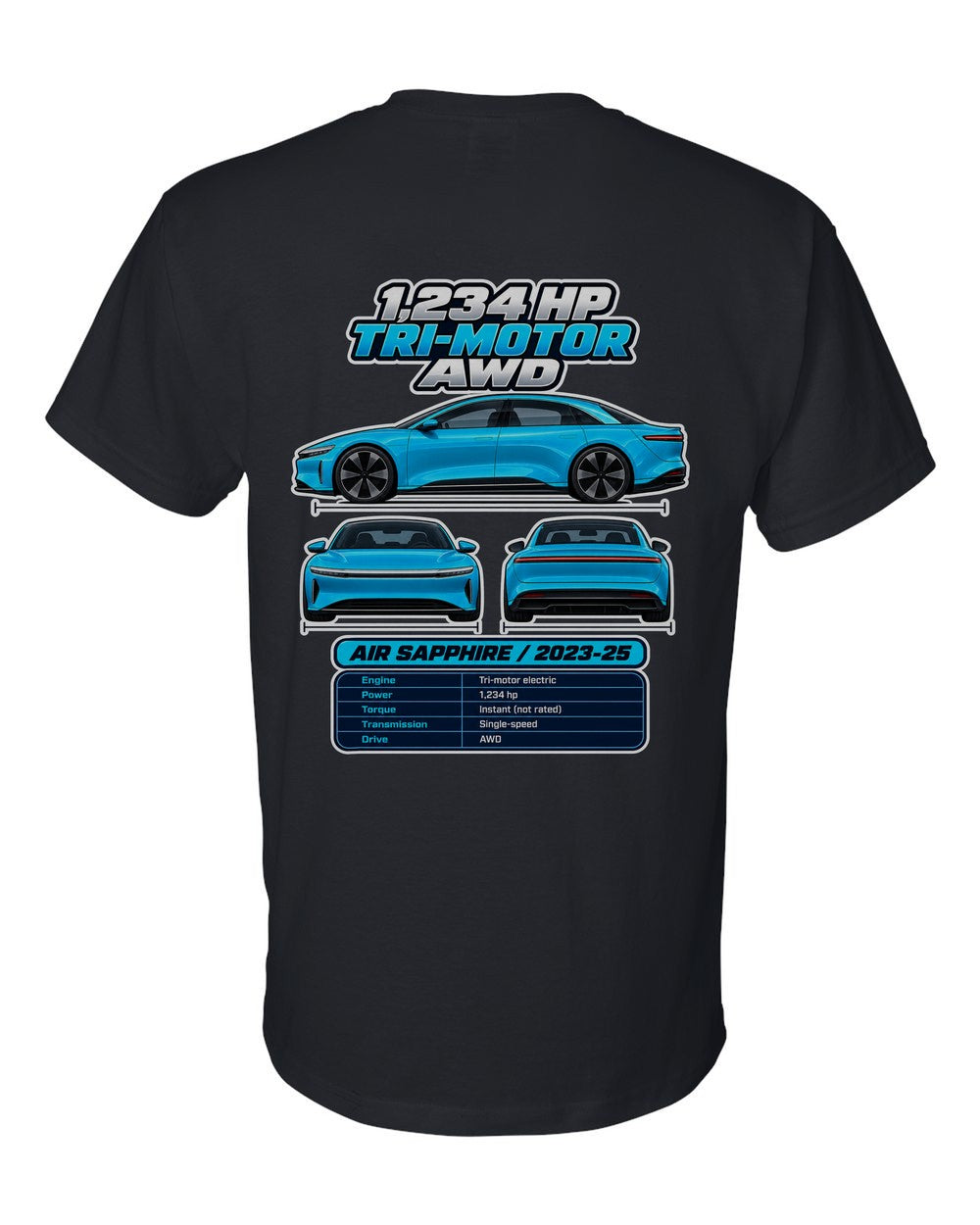 Lucid Air Sapphire spec sheet black t-shirt back view with the design