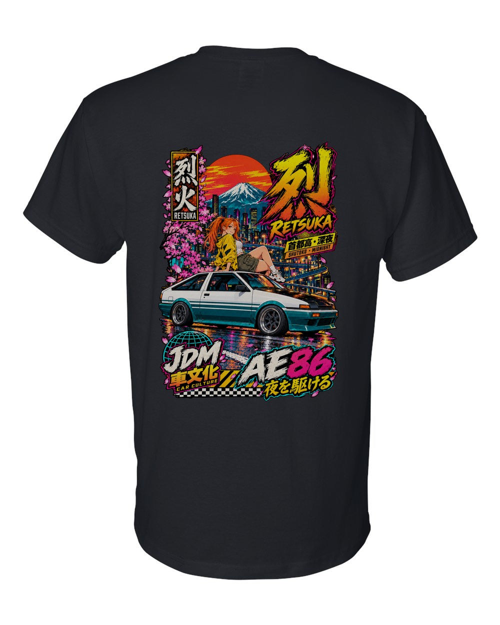 RETSUKA AE86 full-back artwork black t-shirt back view with the design