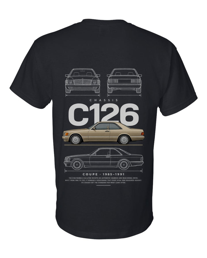 C126 full-back artwork black t-shirt back view with the design