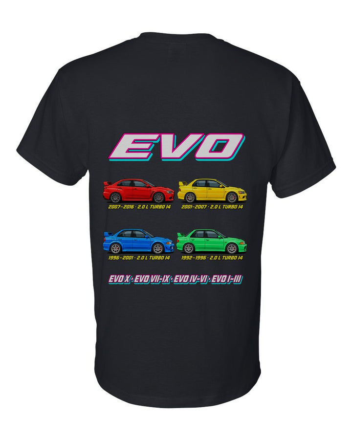 Mitsubishi Evo evolution poster black t-shirt back view with the design