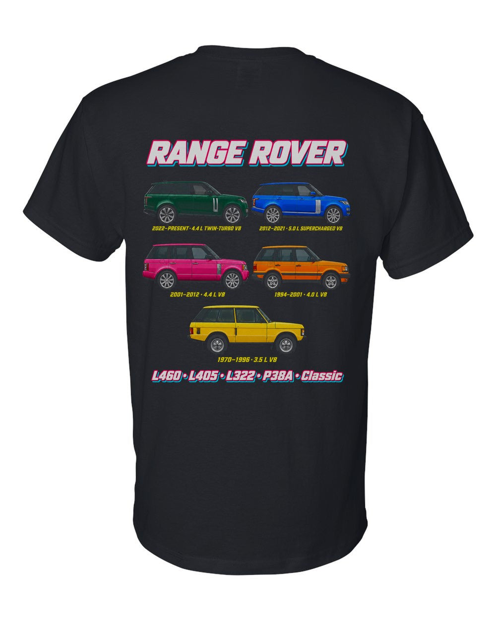 Range Rover evolution poster black t-shirt back view with the design