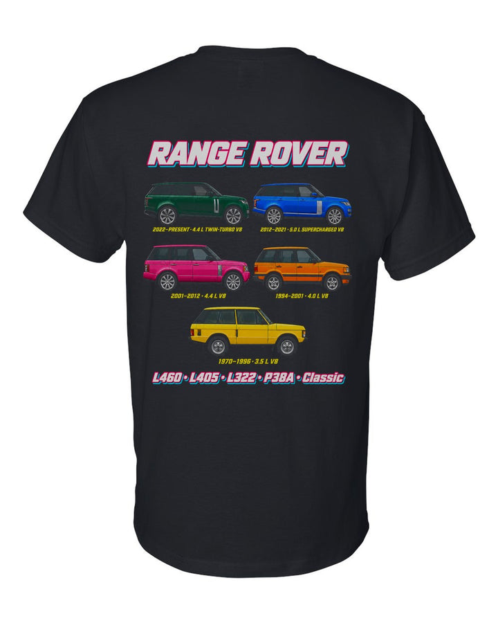Range Rover evolution poster black t-shirt back view with the design