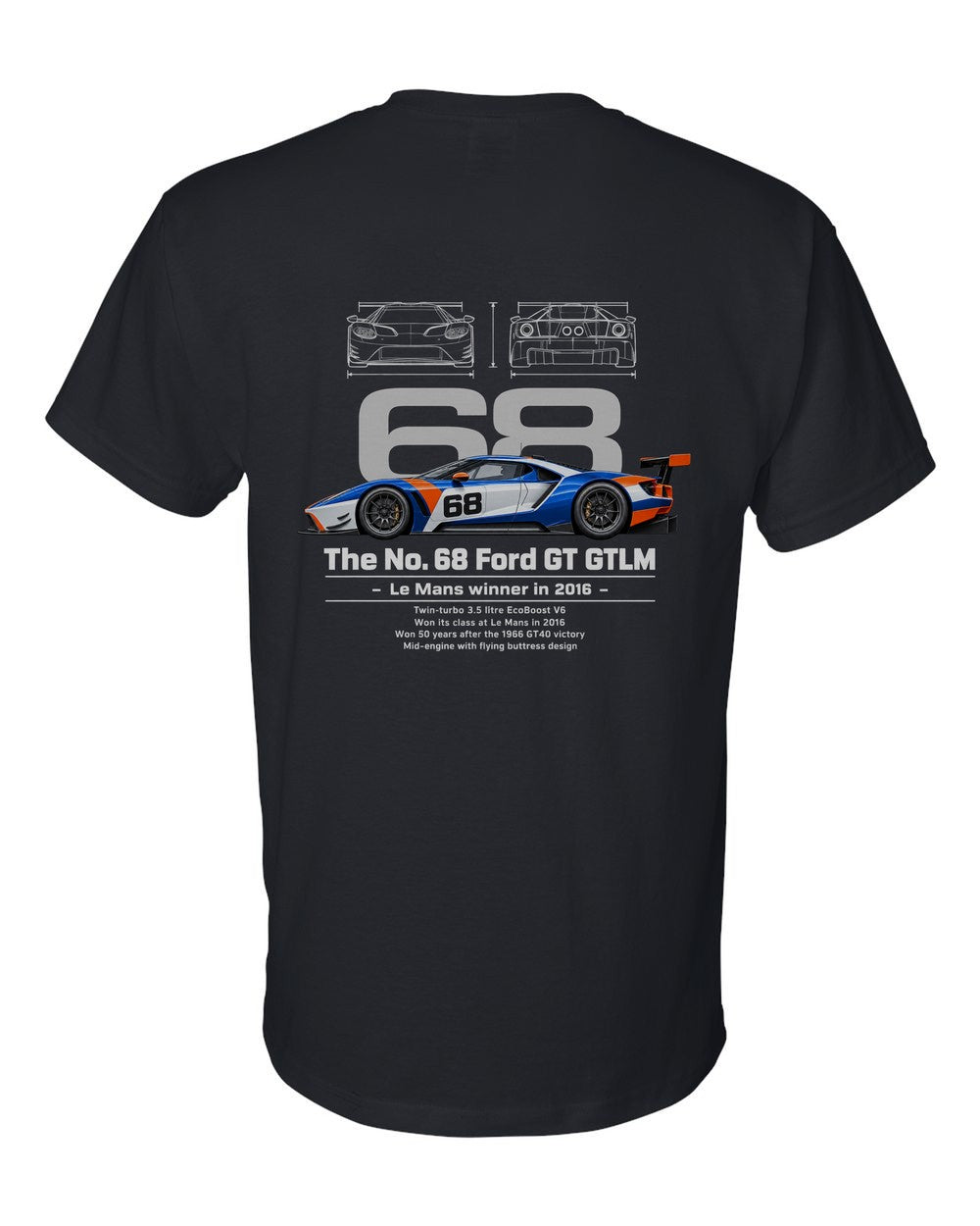 No. 68 Ford GT GTLM black t-shirt back view with the design