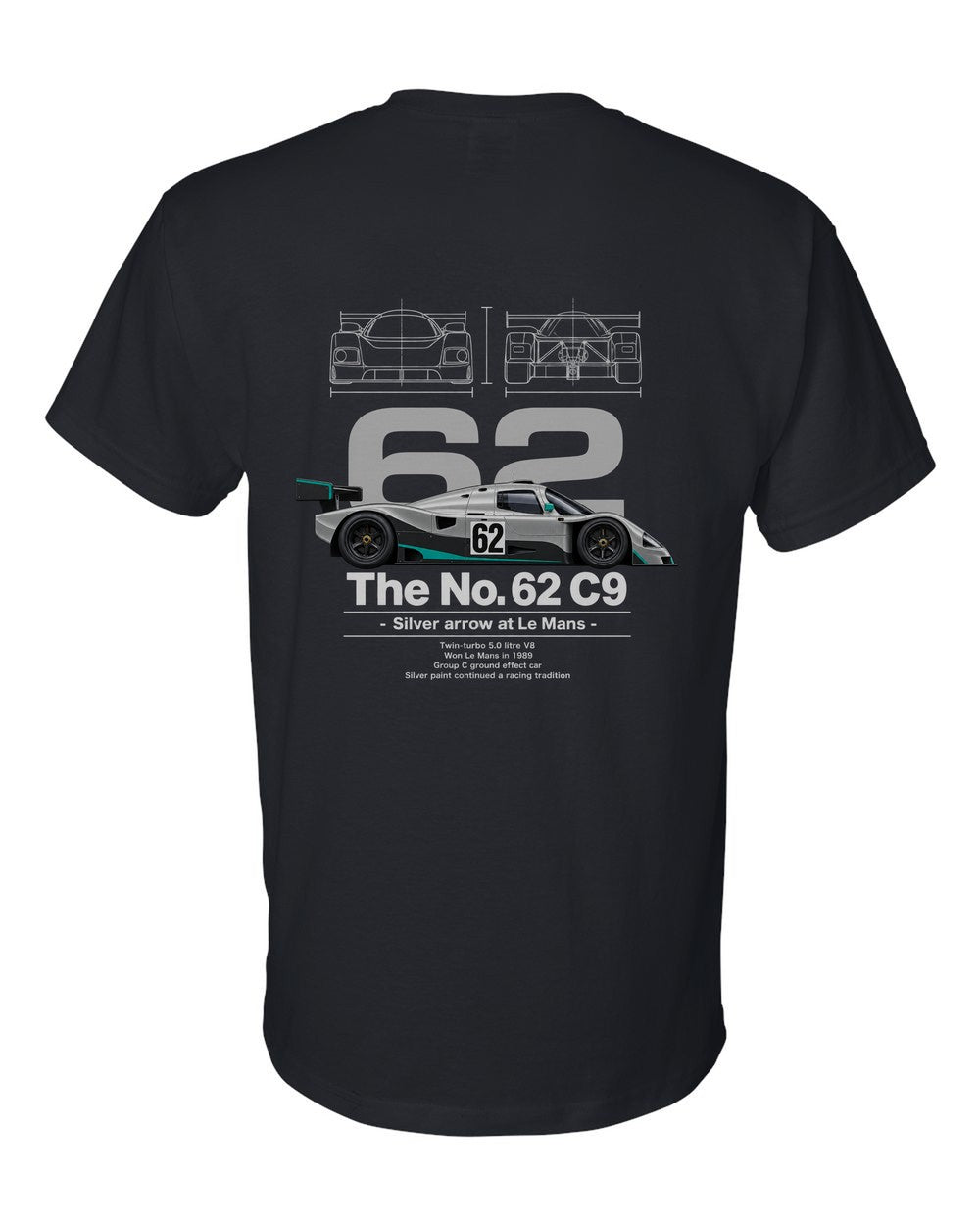 No. 63 C9 black t-shirt back view with the design