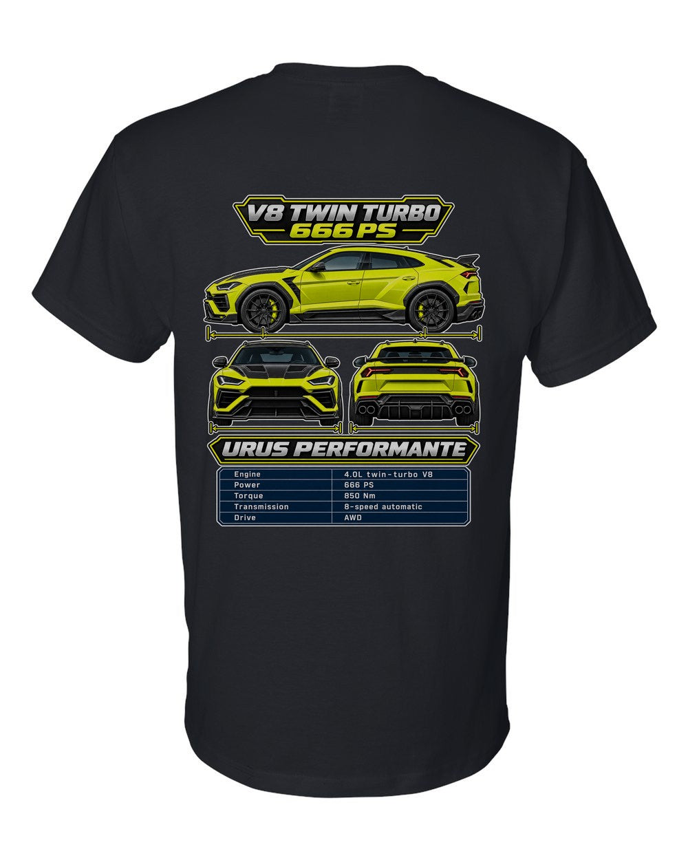 Lamborghini Urus Performante spec sheet black t-shirt back view with the design