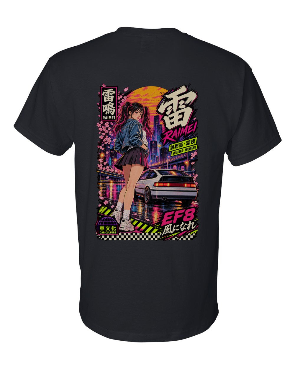RAIMEI EF8 full-back artwork black t-shirt back view with the design