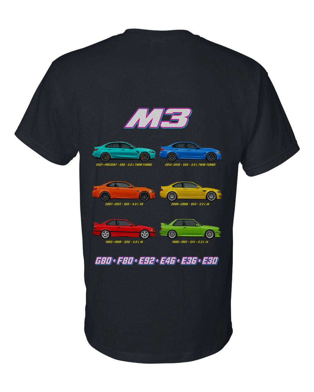 M3 evolution poster black t-shirt back view with the design