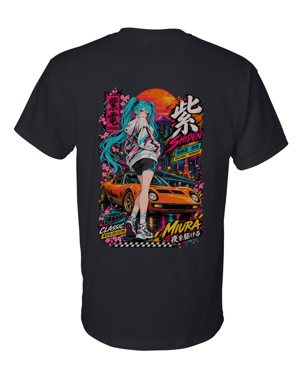 SHIDEN MIURA full-back artwork black t-shirt back view with the design