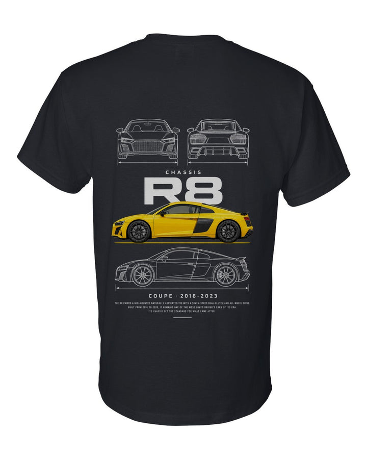 R8 full-back artwork black t-shirt back view with the design