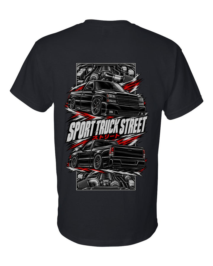 Chevy Silverado SS torn poster black t-shirt back view with the design