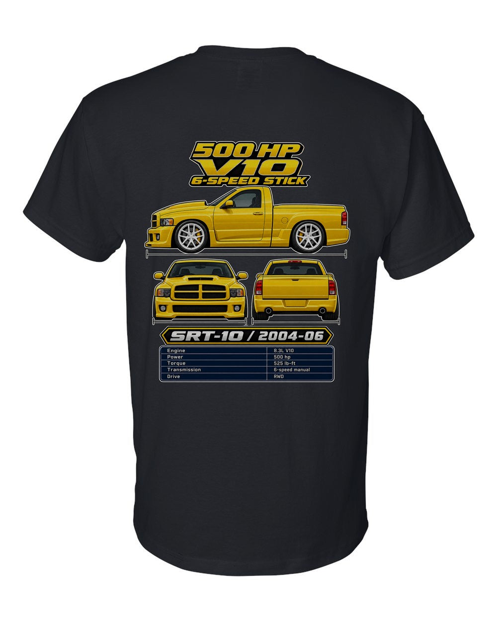 Dodge RAM Srt10 spec sheet black t-shirt back view with the design