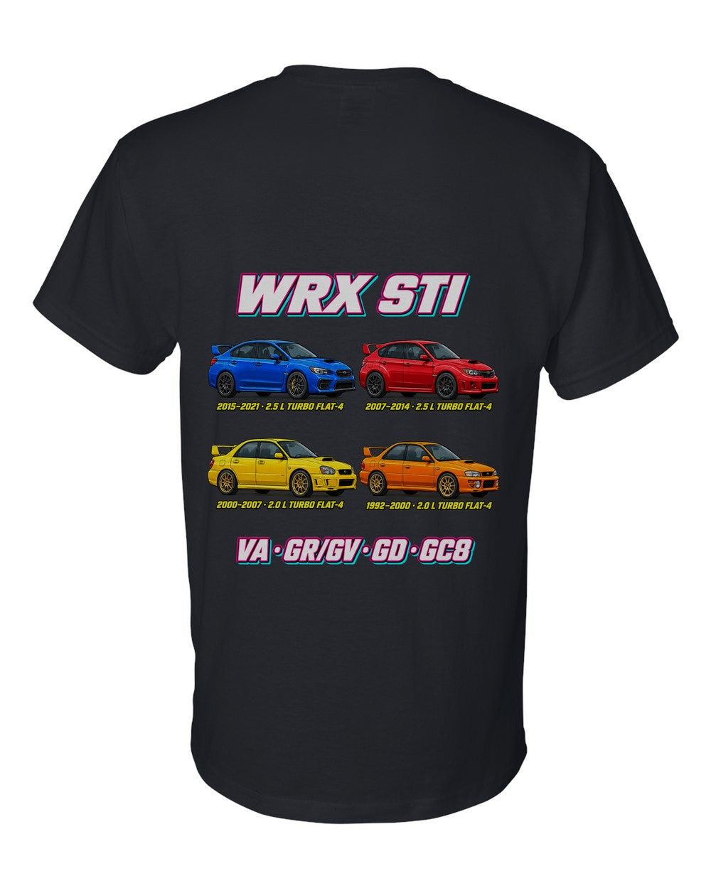 Subaru WRX STI evolution poster black t-shirt back view with the design