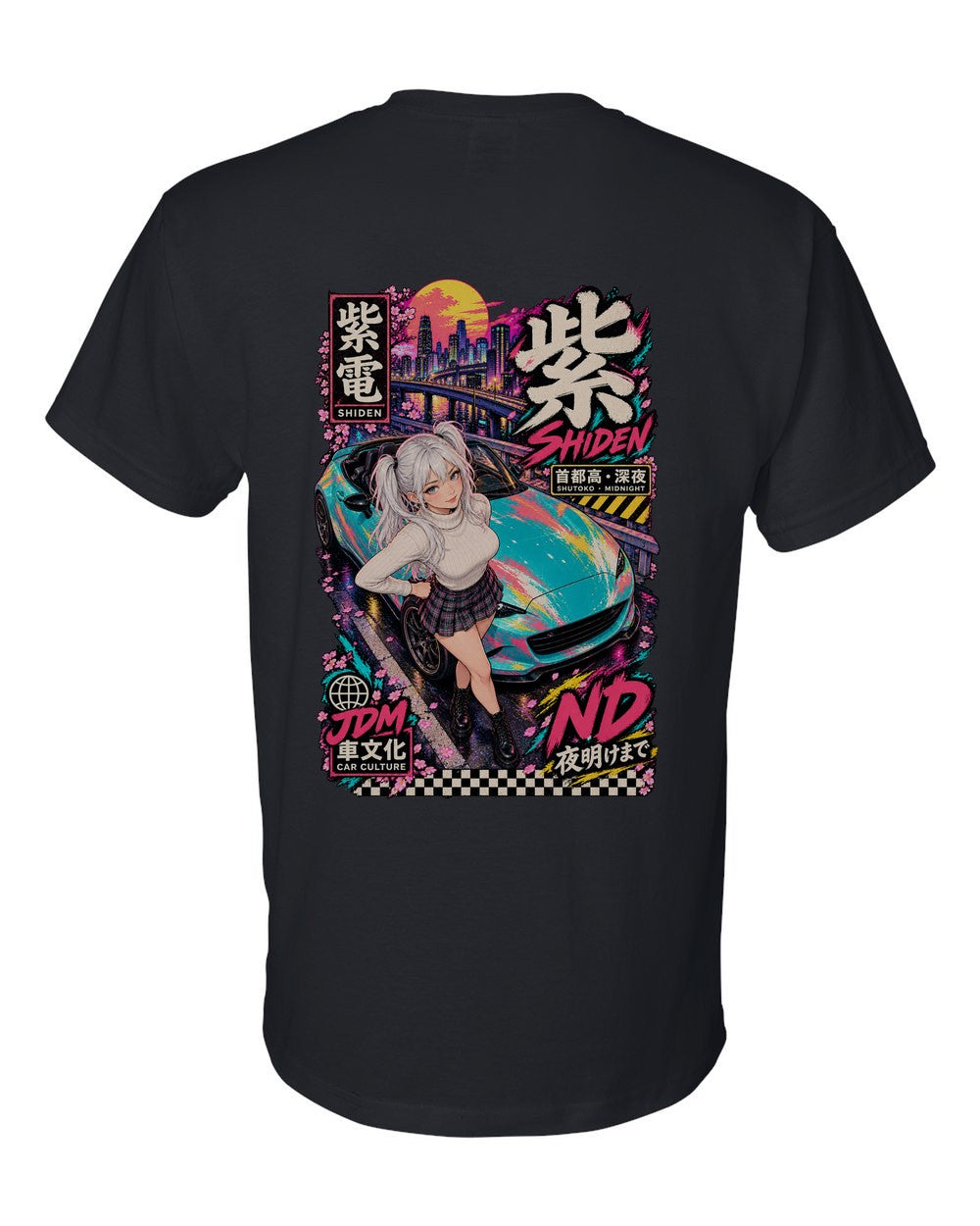 SHIDEN ND full-back artwork black t-shirt back view with the design