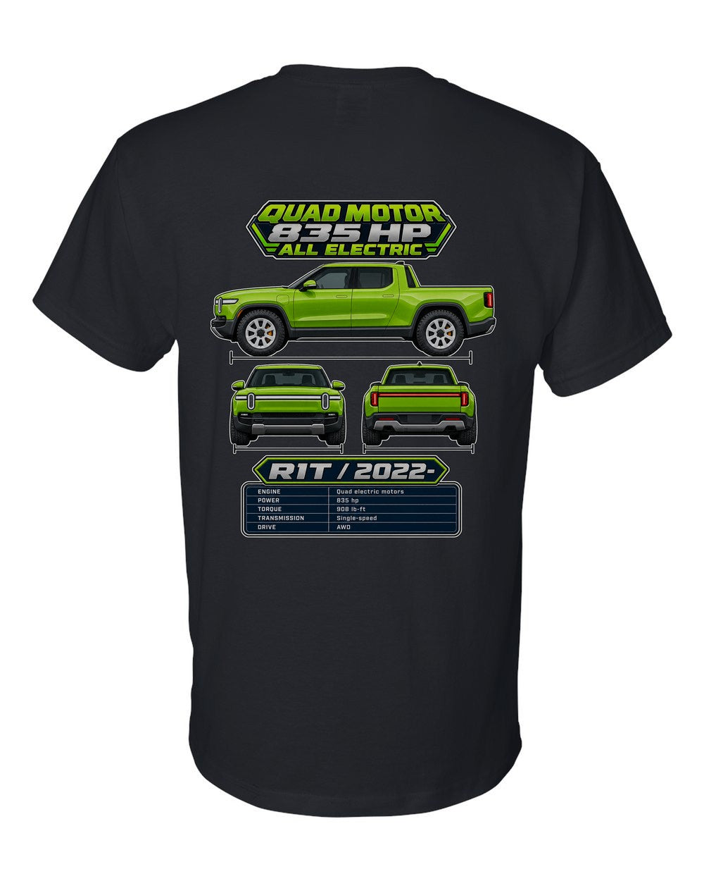 Rivian R1T spec sheet black t-shirt back view with the design