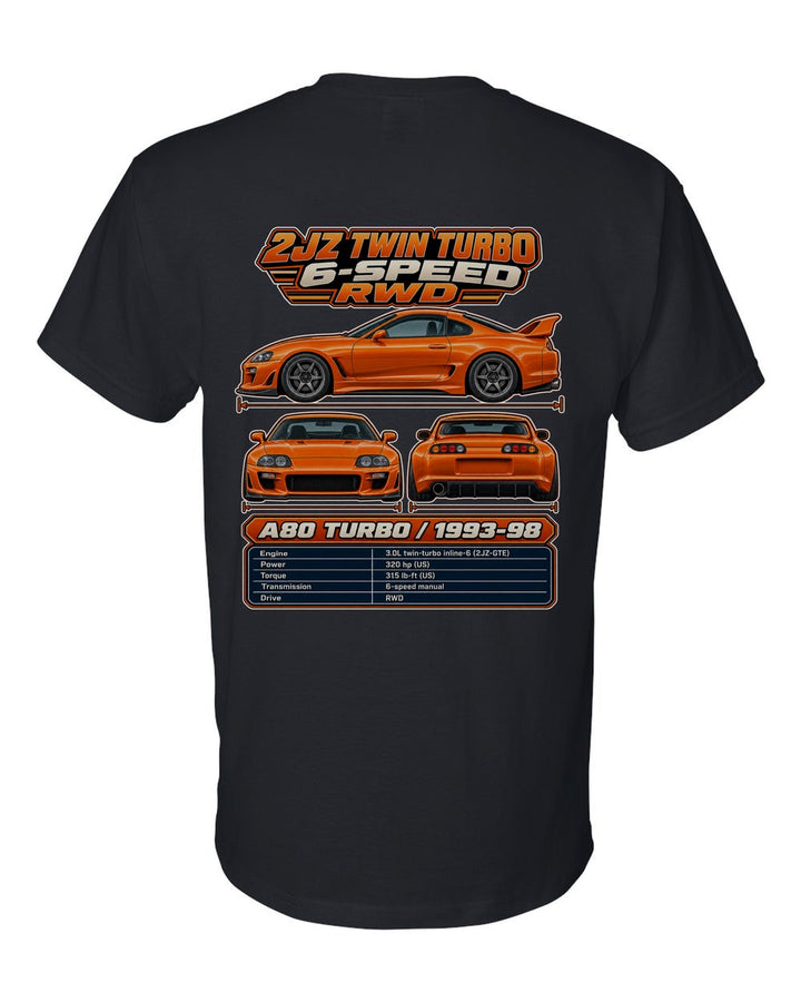 Toyota Supra A80 spec sheet black t-shirt back view with the design