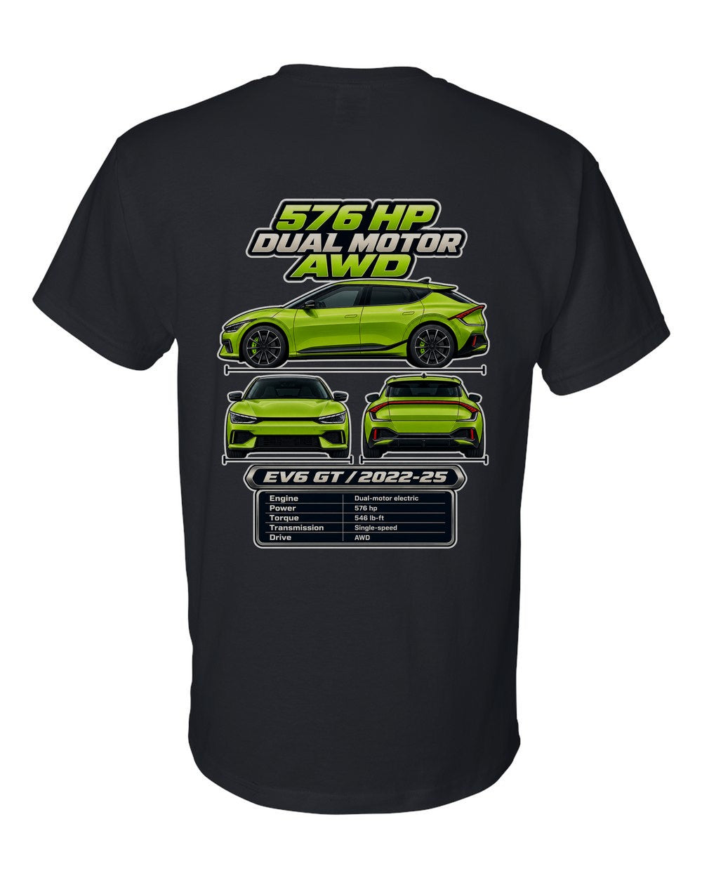 Kia Ev6 Gt spec sheet black t-shirt back view with the design