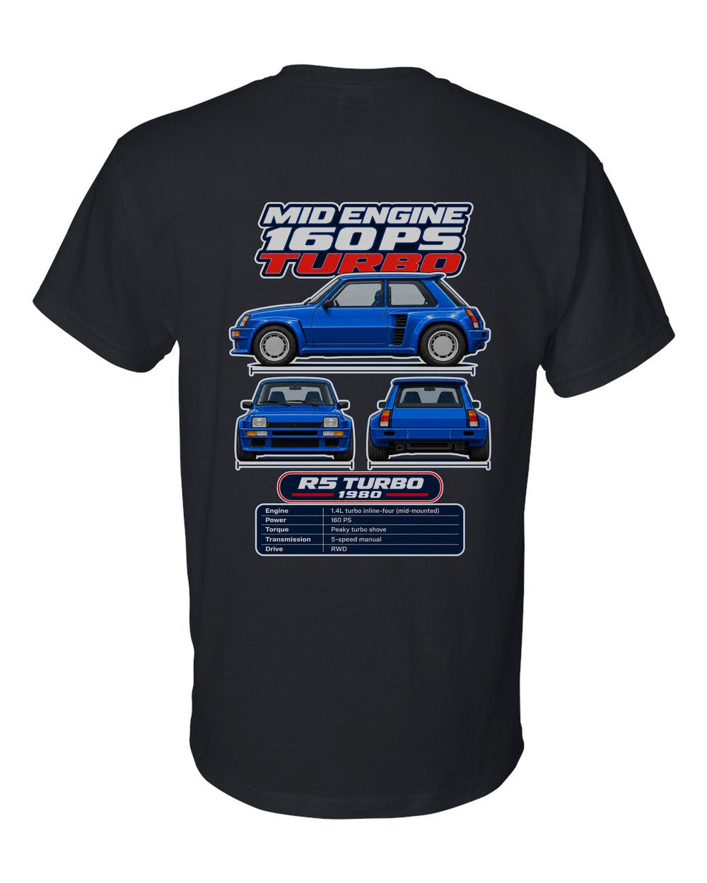 Renault 5 Turbo spec sheet black t-shirt back view with the design