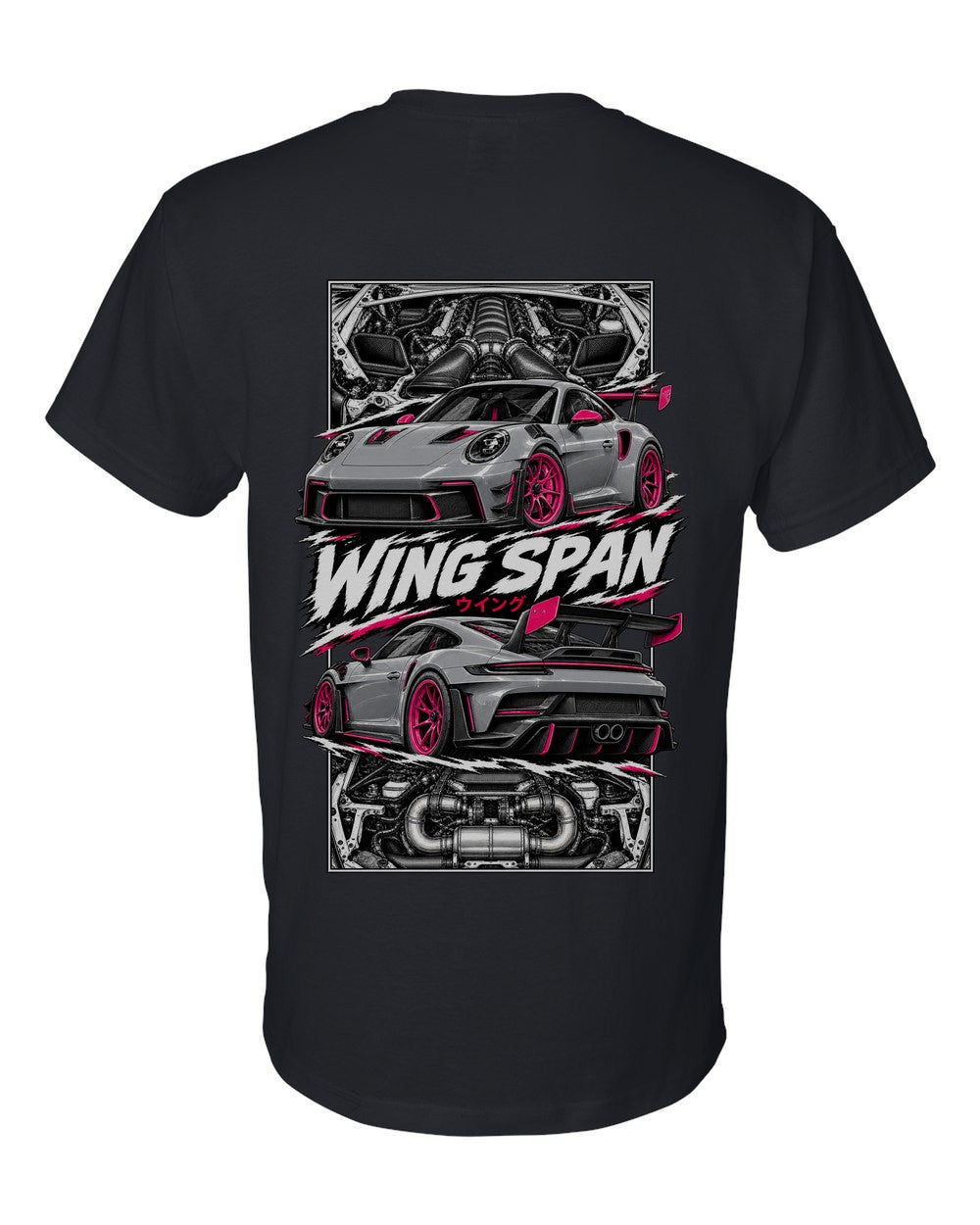 Porsche 992 Gt3 Rs torn poster black t-shirt back view with the design