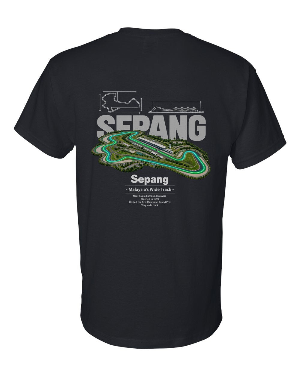 Sepang black t-shirt back view with the design